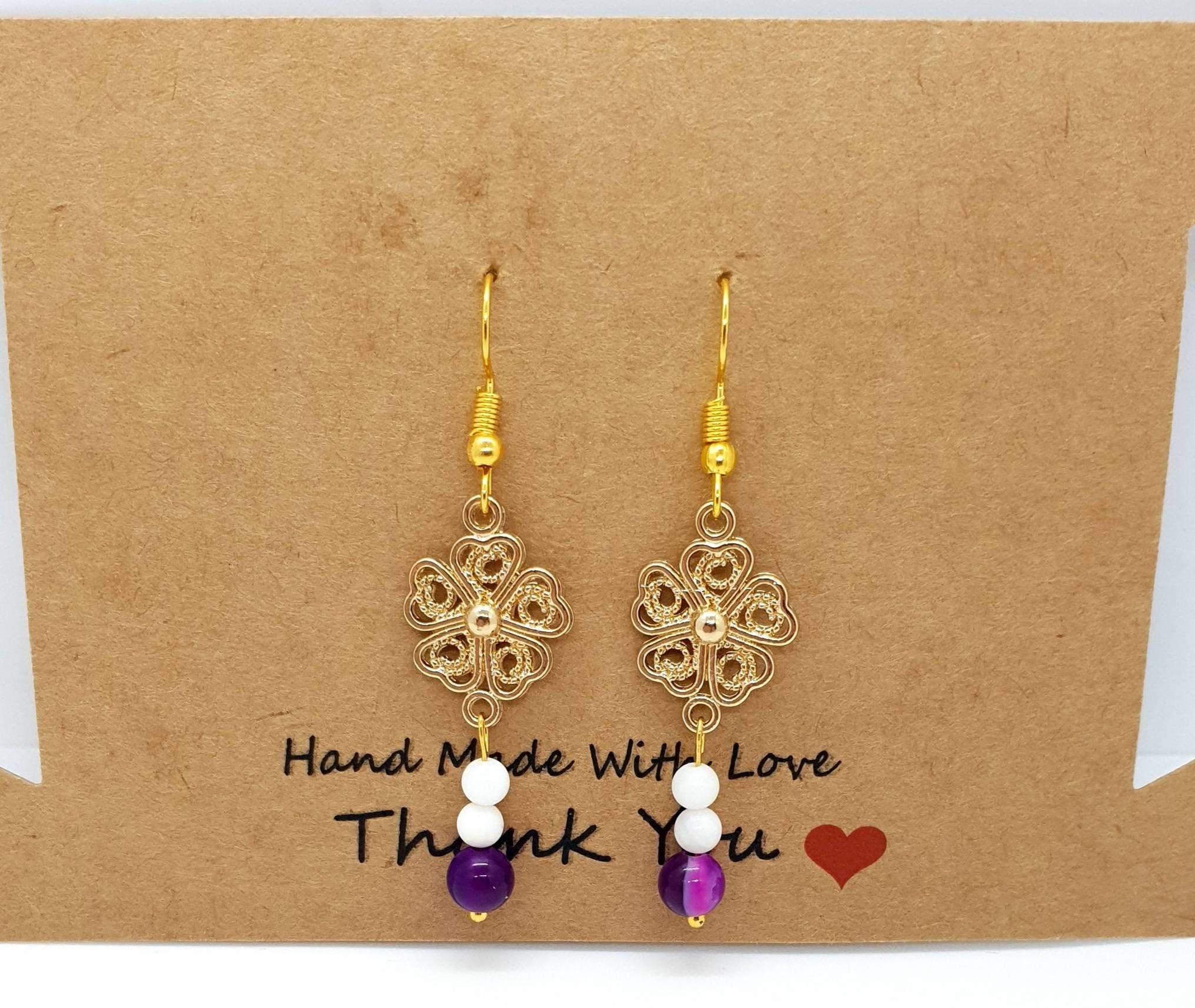 Handmade Gold Flower Earrings With White Tridacna & Pink Agate Crystal
