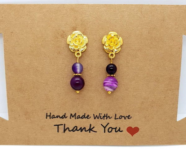 Handmade Gold Rose Earrings With Pink Fuchsia Agate Crystal Drop