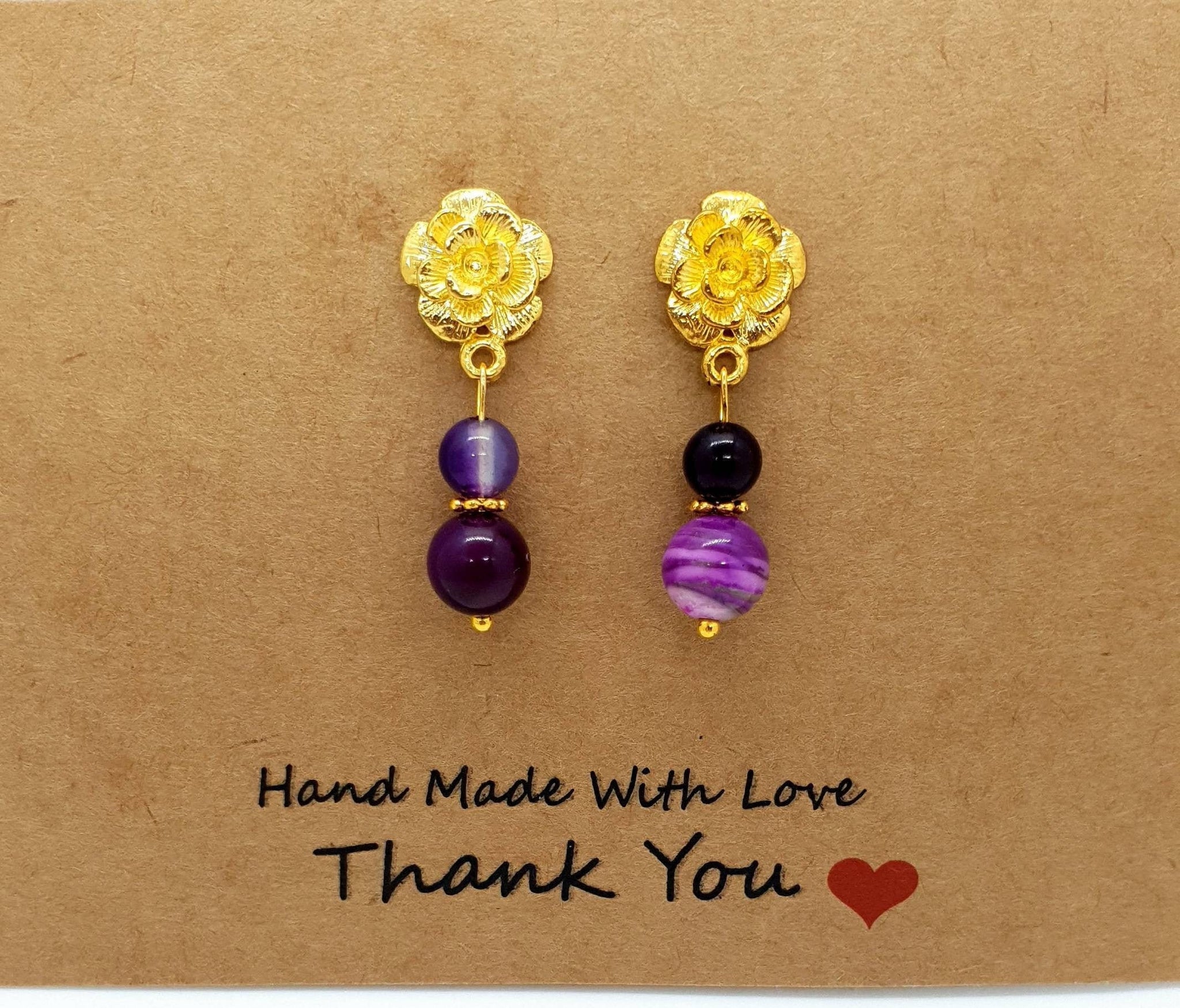 Handmade Gold Rose Earrings With Pink Fuchsia Agate Crystal Drop