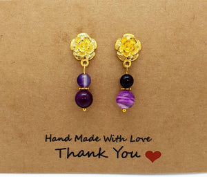 Handmade Gold Rose Earrings With Pink Fuchsia Agate Crystal Drop