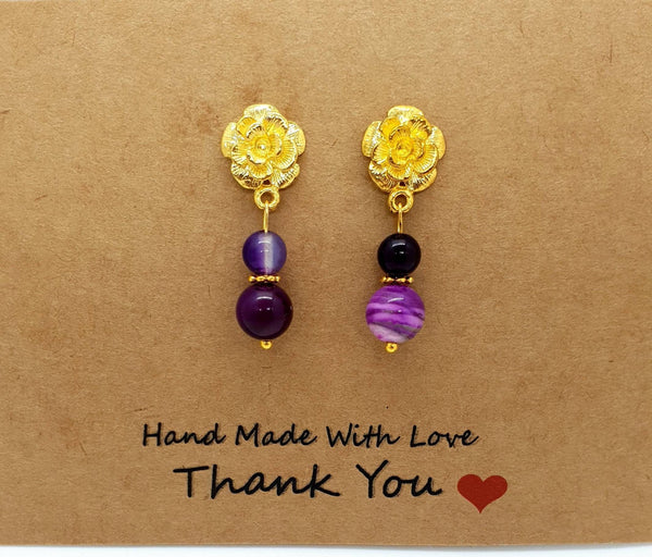Handmade Gold Rose Earrings With Pink Fuchsia Agate Crystal Drop