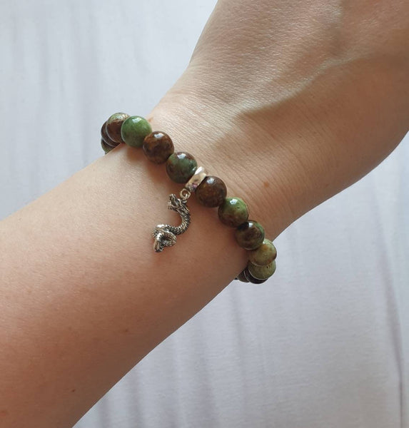 Green Chrysoprase Crystal Beaded Bracelet With Silver Chinese Dragon Charm Pendant