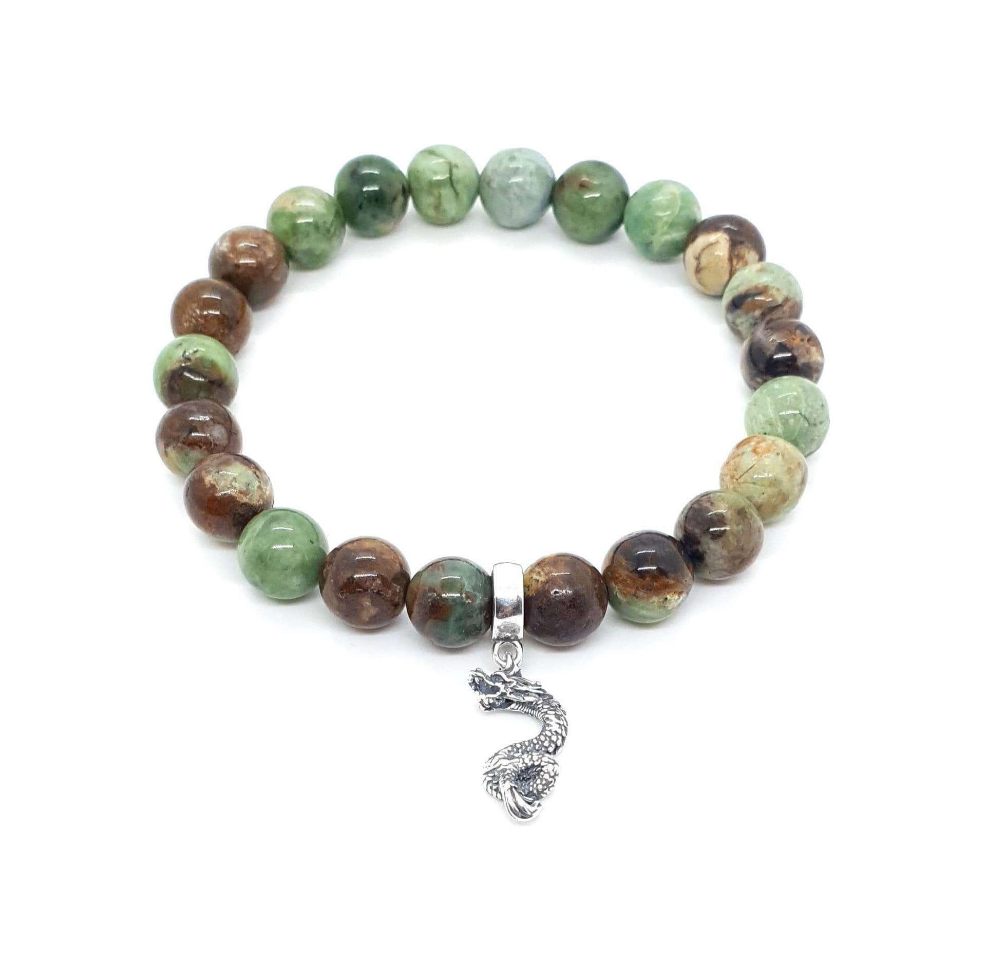 Green Chrysoprase Crystal Beaded Bracelet With Silver Chinese Dragon Charm Pendant