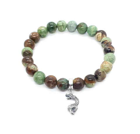 Green Chrysoprase Crystal Beaded Bracelet With Silver Chinese Dragon Charm Pendant