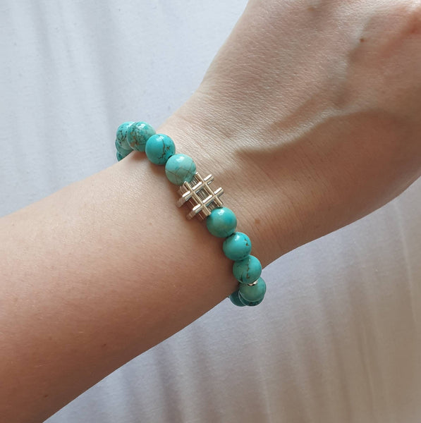 Green Turquoise Crystal Beaded Bracelet With Silver Hashtag