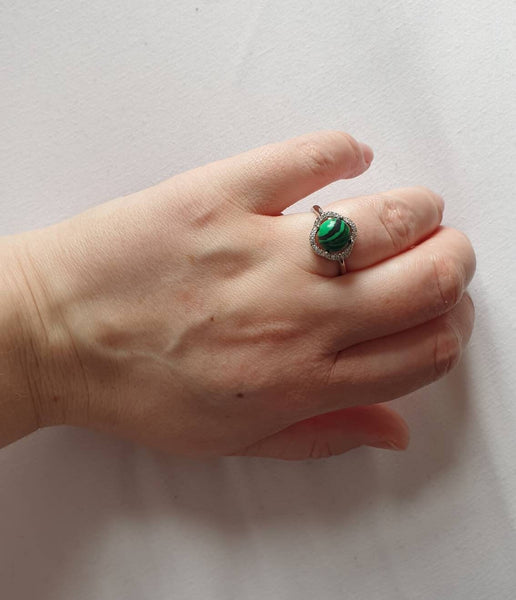 Minimalist Silver Gemstone Ring With Malachite Crystal Stone