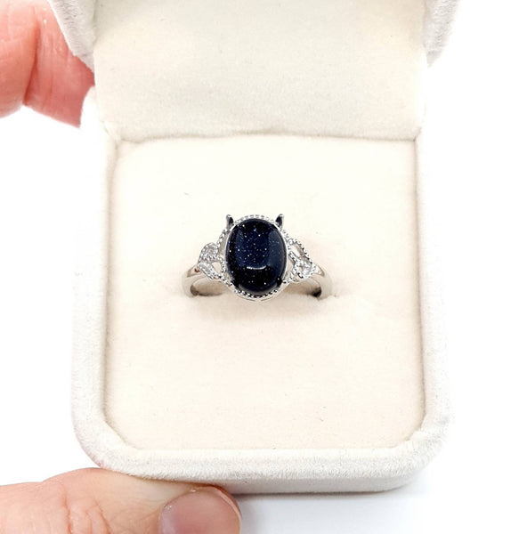 Silver Ring With Heart and Blue Goldstone Crystal Stone