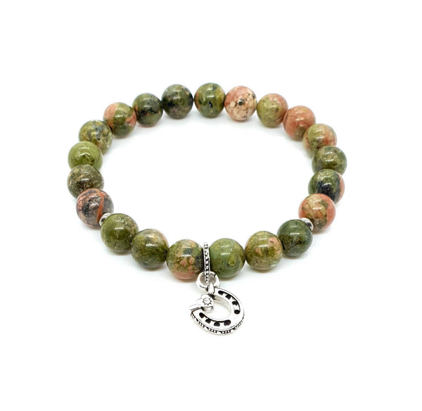 Unakite Crystal Beaded Bracelet With Silver Horseshoe Charm