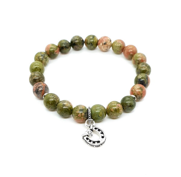 Unakite Crystal Beaded Bracelet With Silver Horseshoe Charm