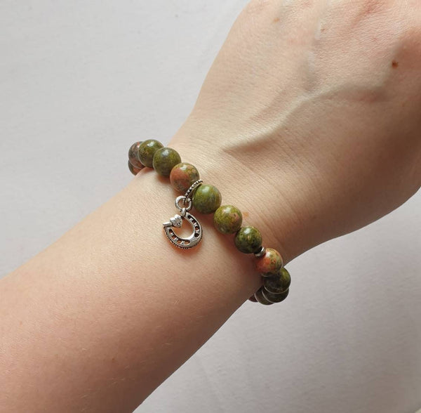 Unakite Crystal Beaded Bracelet With Silver Horseshoe Charm