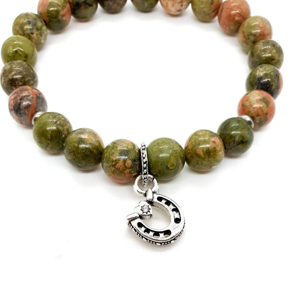 Unakite Crystal Beaded Bracelet With Silver Horseshoe Charm