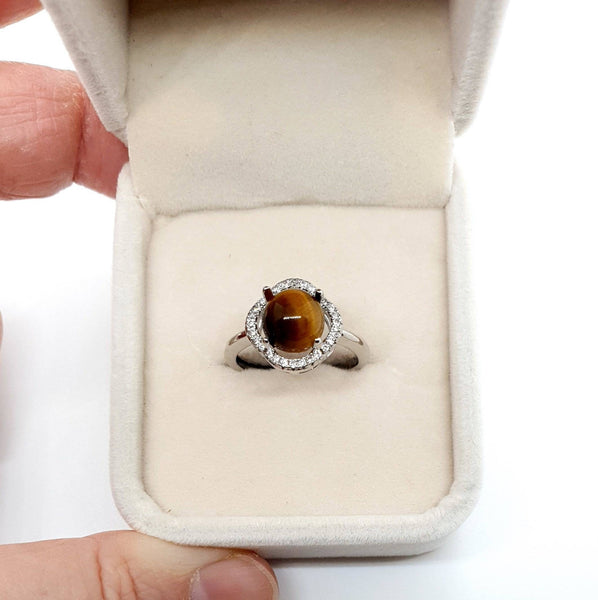 Minimalist Silver Gemstone Ring With Tiger Eye Crystal Stone