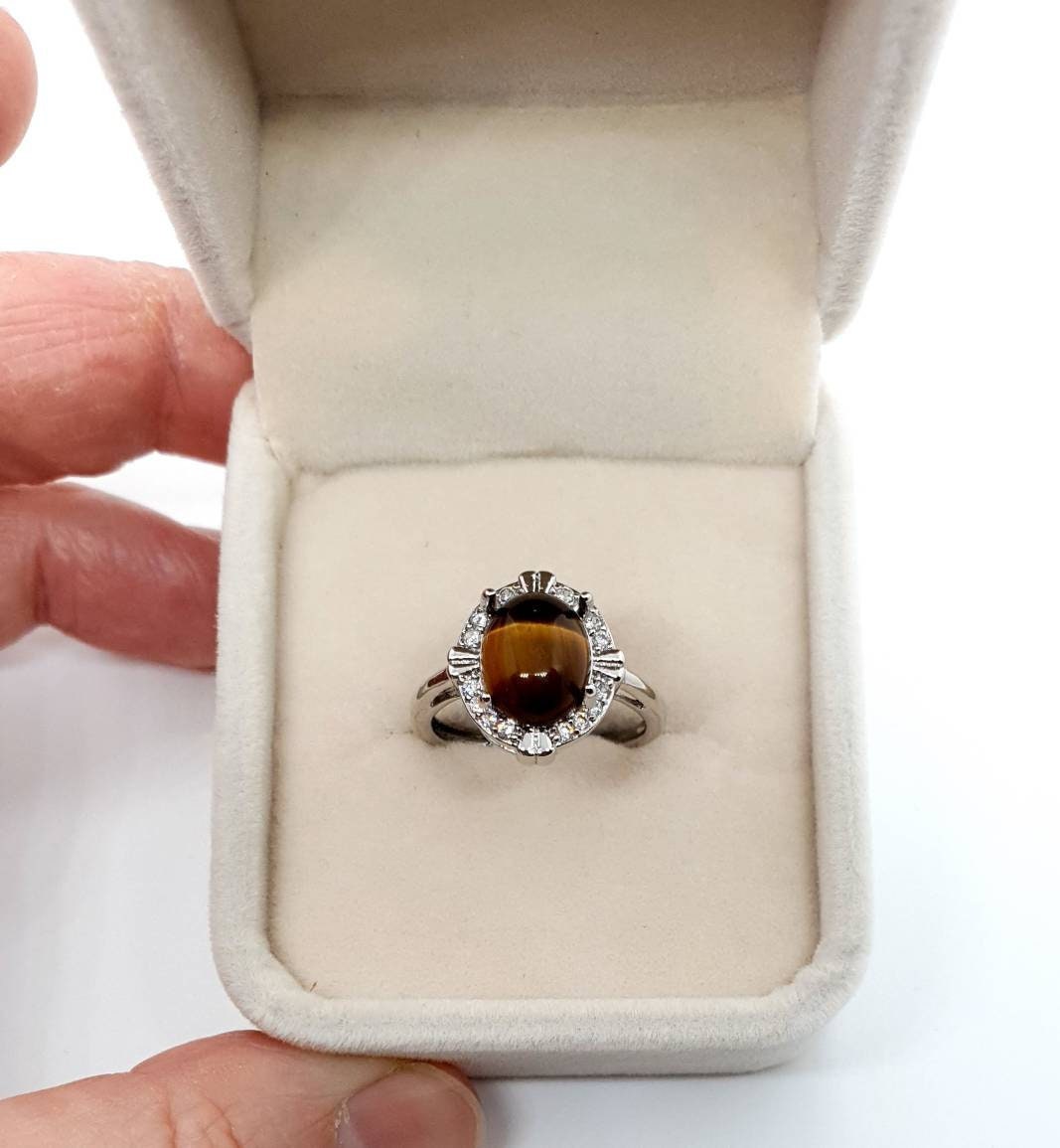 Silver Gemstone Ring With Tiger Eye Crystal Stone