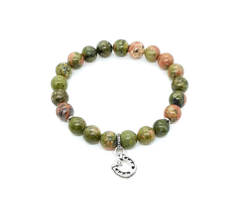 Unakite Crystal Beaded Bracelet With Silver Horseshoe Charm