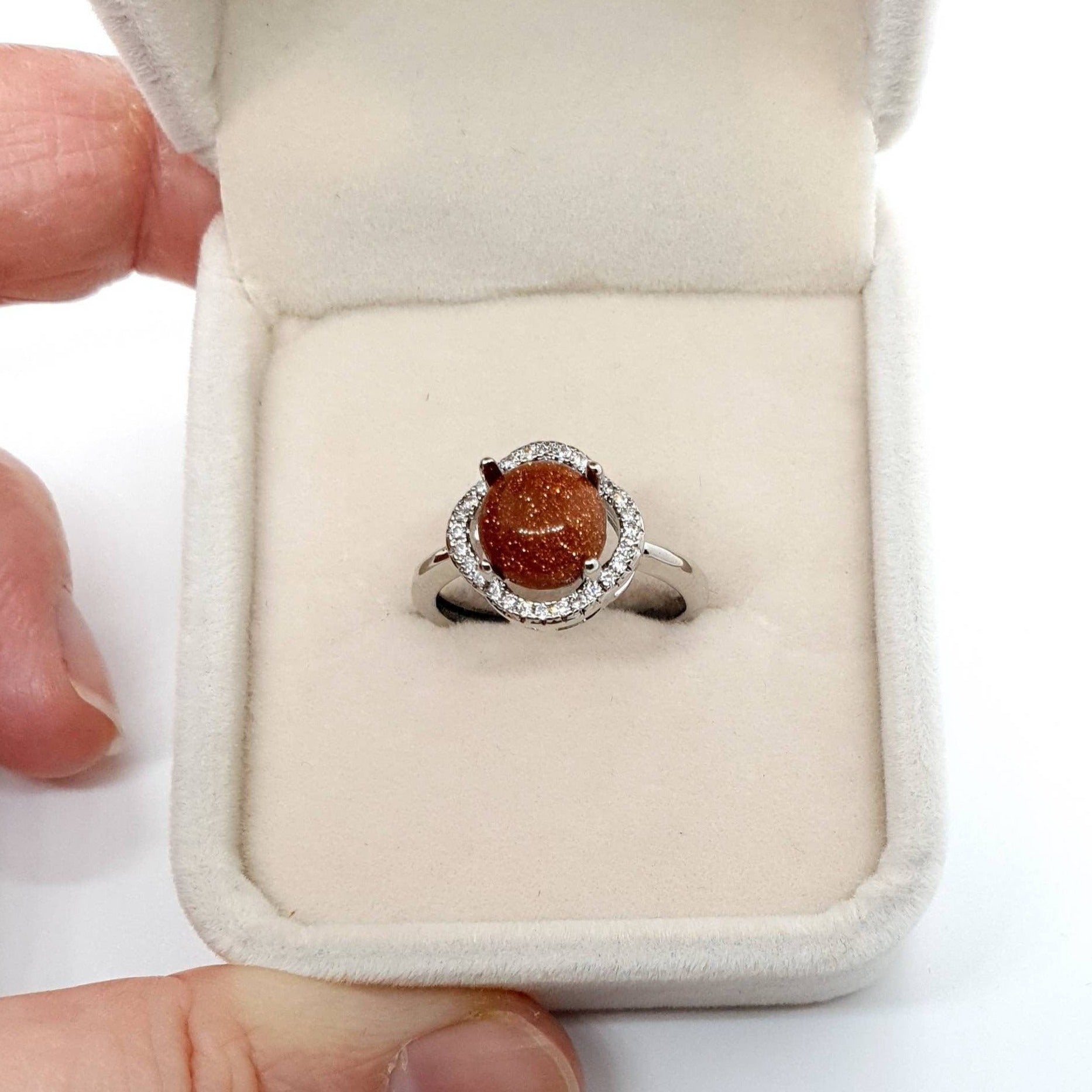 Minimalist Silver Gemstone Ring With Goldstone Crystal Stone