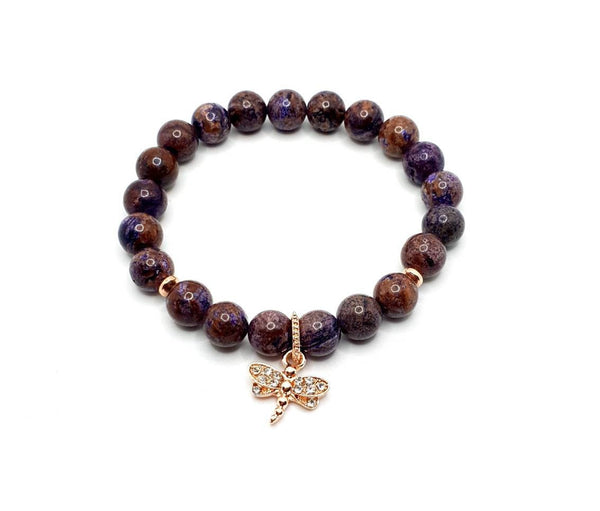 Handmade Purple Charoite Crystal Beaded Bracelet With Rose Gold Dragonfly Charm