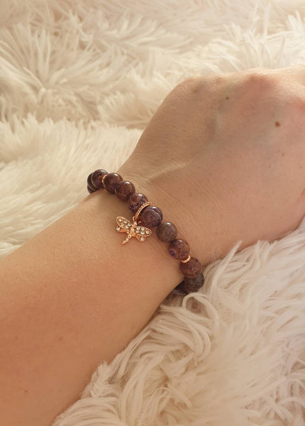 Handmade Purple Charoite Crystal Beaded Bracelet With Rose Gold Dragonfly Charm