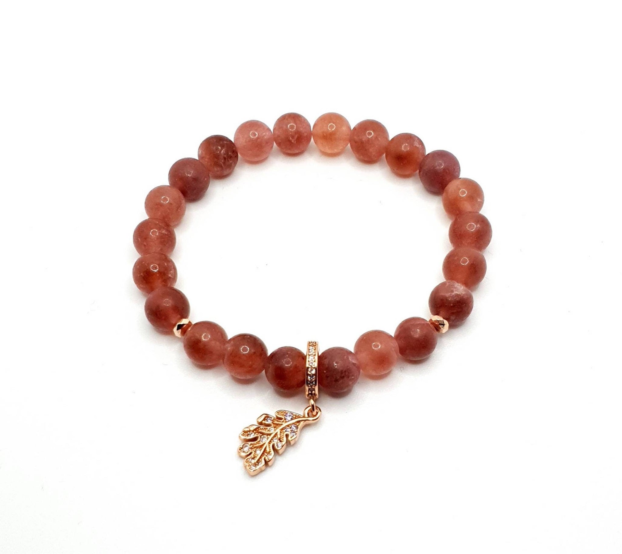 Handmade Strawberry Quartz Crystal Beaded Bracelet With Rose Gold Leaf Charm