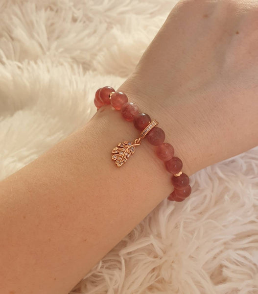 Handmade Strawberry Quartz Crystal Beaded Bracelet With Rose Gold Leaf Charm