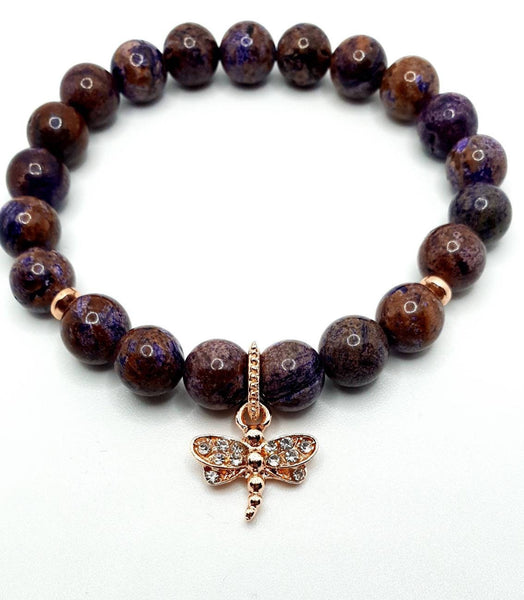 Handmade Purple Charoite Crystal Beaded Bracelet With Rose Gold Dragonfly Charm