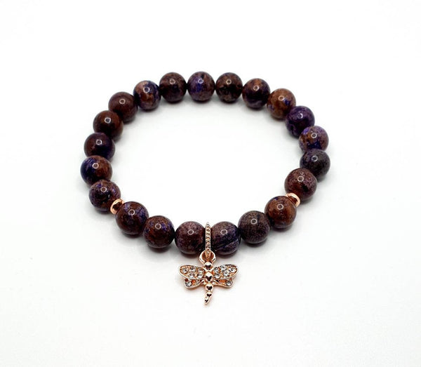 Handmade Purple Charoite Crystal Beaded Bracelet With Rose Gold Dragonfly Charm