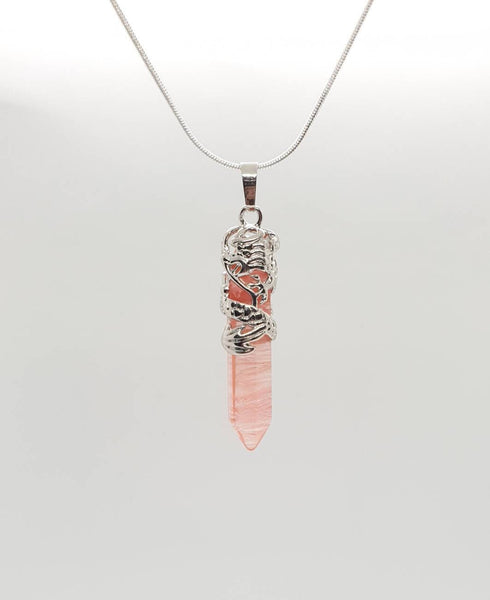 Point Watermelon Quartz Crystal Necklace Pendant With Silver Dragon