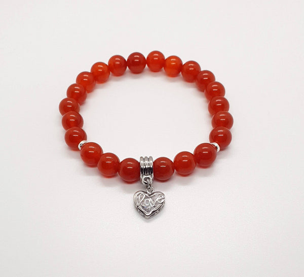 Handmade Red Carnelian Crystal Beaded Bracelet With Silver Love Heart