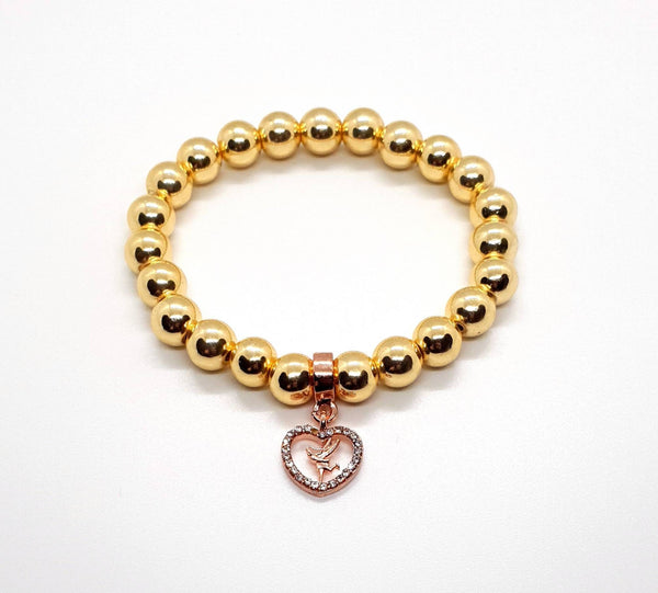 Handmade Gold Hematite Beaded Bracelet With Rose Gold Heart Charm