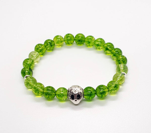 Handmade Green Peridot Crystal Beaded Bracelet With Silver Lady Skull Charm