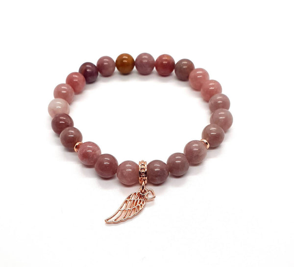 Handmade Pink Lepidolite Crystal Beaded Bracelet With Rose Gold Angel Wing Charm