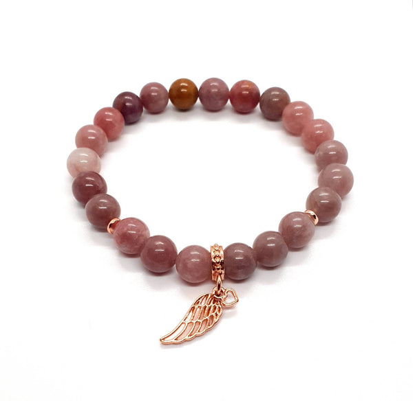 Handmade Pink Lepidolite Crystal Beaded Bracelet With Rose Gold Angel Wing Charm