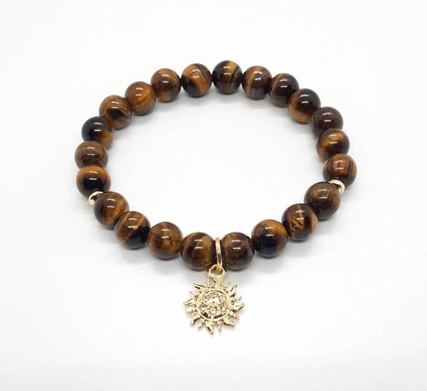 Handmade Tiger Eye Crystal Beaded Bracelet With Gold Sun Charm