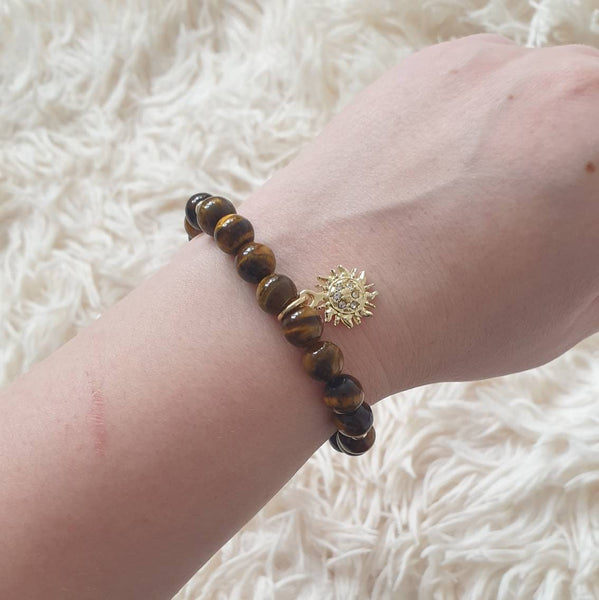 Handmade Tiger Eye Crystal Beaded Bracelet With Gold Sun Charm