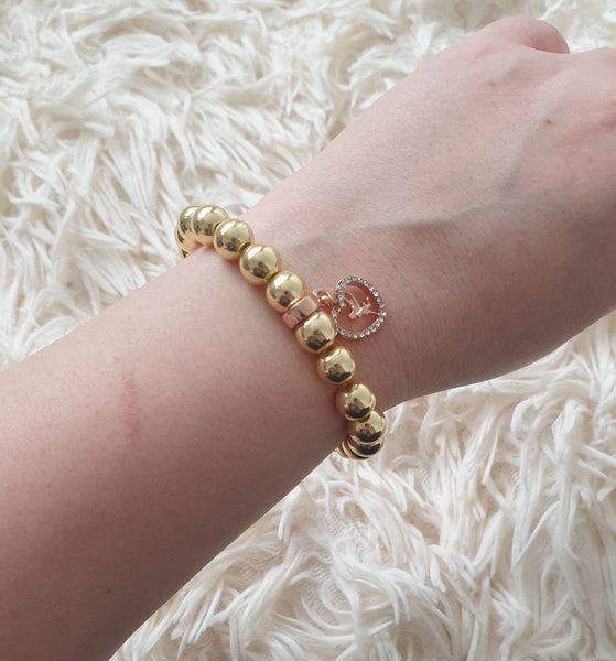 Handmade Gold Hematite Beaded Bracelet With Rose Gold Heart Charm