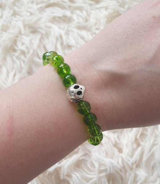 Handmade Green Peridot Crystal Beaded Bracelet With Silver Lady Skull Charm
