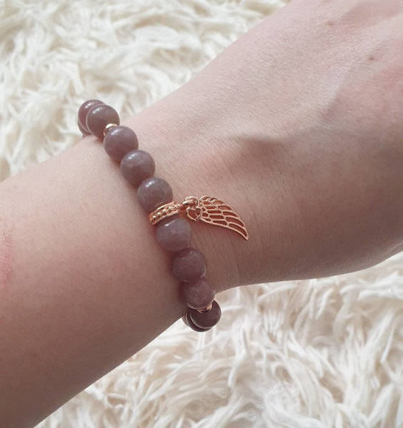 Handmade Pink Lepidolite Crystal Beaded Bracelet With Rose Gold Angel Wing Charm