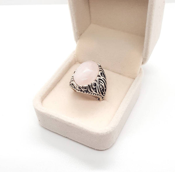 Adjustable Vintage Silver Ring With Rose Quartz Crystal Stone