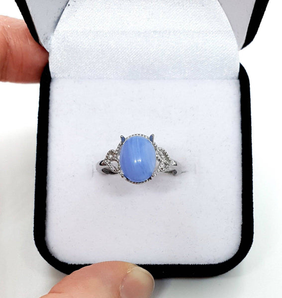 Silver Ring With Heart and Blue Lace Agate Crystal Stone