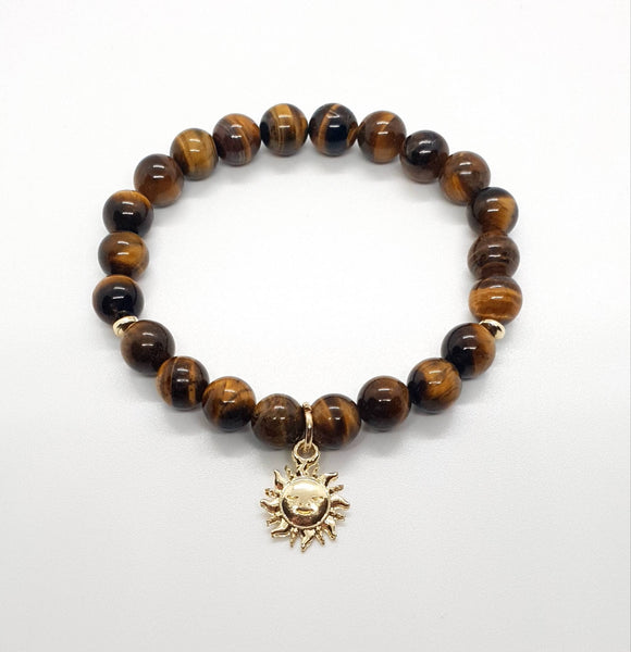 Handmade Tiger Eye Crystal Beaded Bracelet With Gold Sun Charm