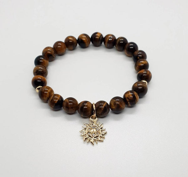 Handmade Tiger Eye Crystal Beaded Bracelet With Gold Sun Charm