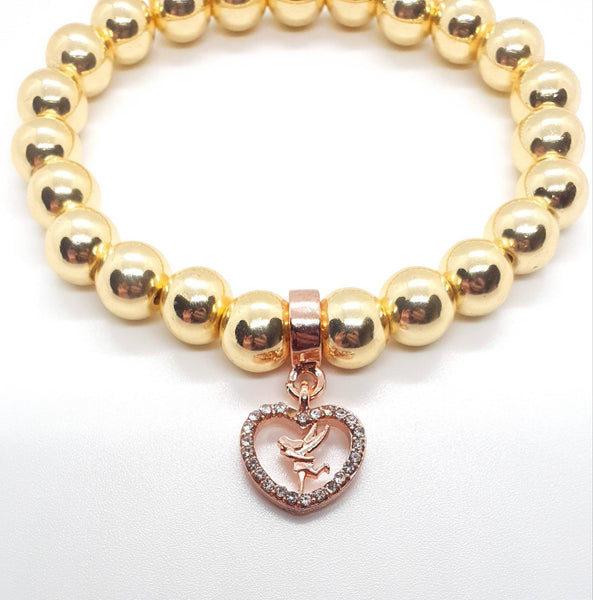 Handmade Gold Hematite Beaded Bracelet With Rose Gold Heart Charm