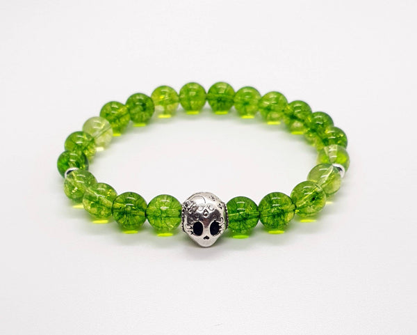Handmade Green Peridot Crystal Beaded Bracelet With Silver Lady Skull Charm