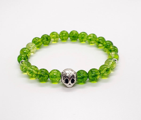 Handmade Green Peridot Crystal Beaded Bracelet With Silver Lady Skull Charm