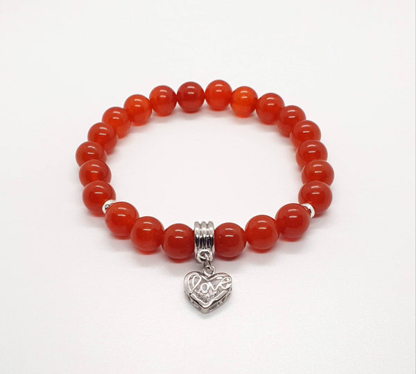 Handmade Red Carnelian Crystal Beaded Bracelet With Silver Love Heart