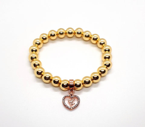 Handmade Gold Hematite Beaded Bracelet With Rose Gold Heart Charm