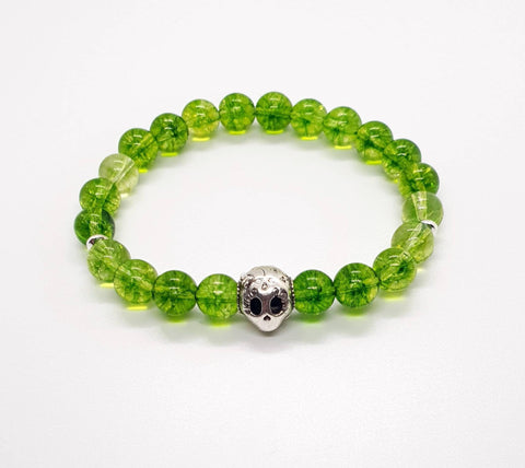 Peridot Crystal Bracelet with Silver Skull Handmade