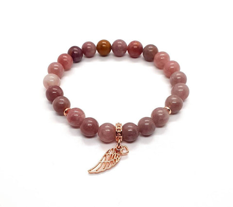 Handmade Pink Lepidolite Crystal Beaded Bracelet With Rose Gold Angel Wing Charm