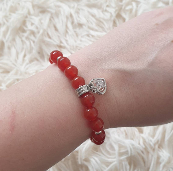 Handmade Red Carnelian Crystal Beaded Bracelet With Silver Love Heart