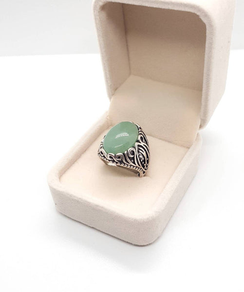 Adjustable Vintage Silver Ring With Green Aventurine Crystal Stone