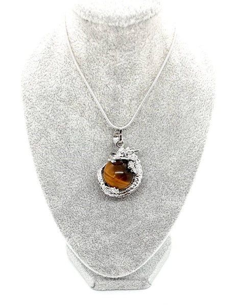 Sphere Tiger Eye Crystal Necklace Pendant With Silver Dragon